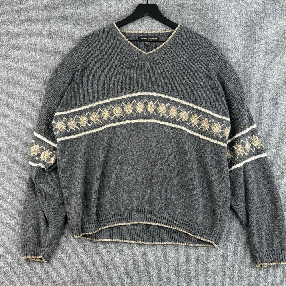 Vintage Liberty Sweaters Pullover Mens L Gray Made in USA V-Neck Cotton Grandpa